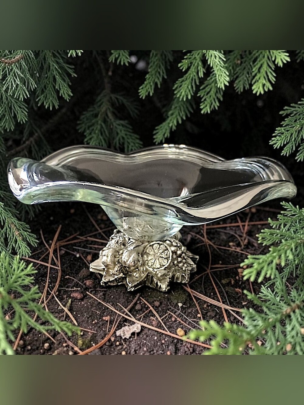 Vintage Murano Cristal Line Compote Bowl Dish Silver Tone Fruit Pedestal Italy